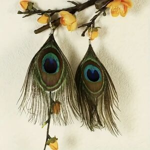 NEW Handmade Peacock Feather Dangle Earrings | Boho Statement Jewelry